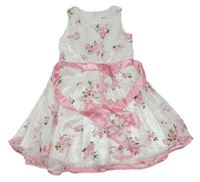 Bílo-růžové organzové slavnostní šaty s kytičkami a vzorem a mašlí Sunny Fashion