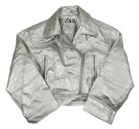 Stříbrný koženkový jarní crop křivák s límečkem ZARA