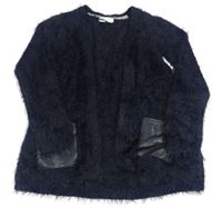 Černý chlupatý svetrový cardigan s koženkovými kapsami H&M