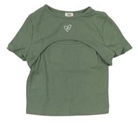 Khaki žebrované crop tričko s všitým topem a srdcem zn. River Island