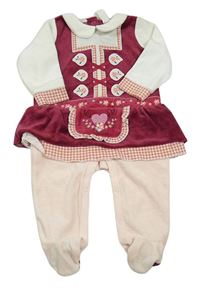 Vínovo-růžovo-bílé sametové šaty s květy a všitým overalem C&A