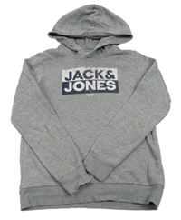 Šedá melírovaná mikina s logem a kapucí Jack & Jones
