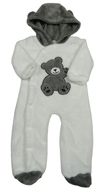Bílo-šedá chlupatá kombinéza s medvědem a kapucí
