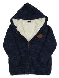 Černo-modrý melírovaný zateplený propínací svetr s nášivkou a kapucí LC Waikiki