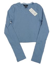 Nové - Modré žebrované crop triko s krajkou New Look