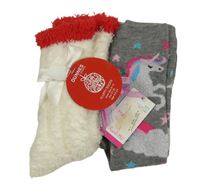 Nové - 2x ponožky - šedé melírované podkolenky s jednorožcem + smetanové chlupaté ponožky