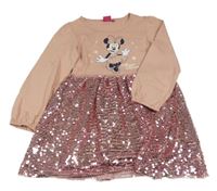 Starorůžové bavlněno/flitrové šaty s Minnie Disney