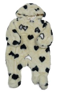 Nové - Béžová kožešinová podšitá kombinéza se srdíčky a kapucí