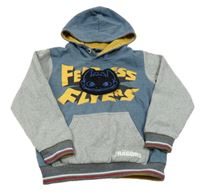 Tmavomodro-šedá melírovaná mikina s drakem a kapucí