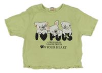 Zelenkavé žebrované crop tričko se psy