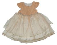 Meruňkovo-světlerůžové šaty s pruhy a tylovou sukní