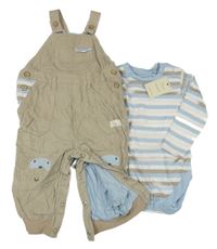 Nové - 2set - Béžové manšestrové podšité laclové kalhoty s opicemi + pruhované body Next