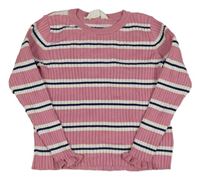Růžovo-bílo-tmavomodrý pruhovaný žebrovaný svetr H&M