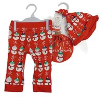 Nové - 3 set - bílé body s obrázkem + červené lehké tepláky se sněhuláky + čepice F&F