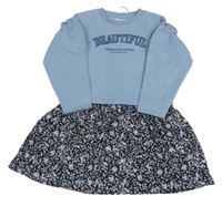 Nové - Modré teplákové šaty s nápisem a květovanou sukní Matalan