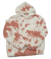 Bílo-růžová batikovaná chlupatá mikina s kapucí 