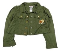 Khaki crop riflová bunda s výšivkou a volánky 