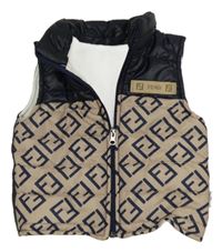 Hnědo-tmavomodrá vzorovaná zateplená šusťáková vesta 