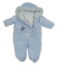 Světlemodrá plyšová zateplená kombinéza s pejskem a kapucí 