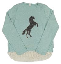 Světlemodrý melírovaný lehký svetr s jednorožcem z flitrů Yigga