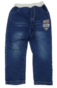 Tmavomodré teplákové rifle s šedým úpletovým pasem 