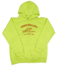 Neonově žlutozelená mikina s nápisem a kapucí 