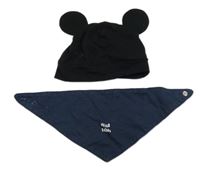 2set - Černá čepice s oušky + tmavomodrý slinták s nápisem 