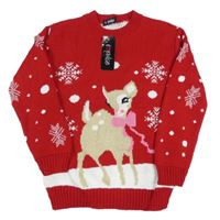 Nové - Červený svetr s vločkami a laní 