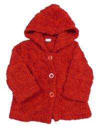 Červený chlupatý kabátek s kapucí 