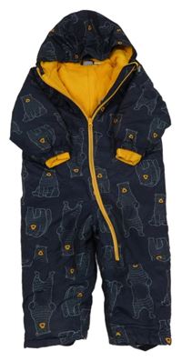 Tmavomodrá šusťáková zimní kombinéza s medvědy a kapucí Lupilu
