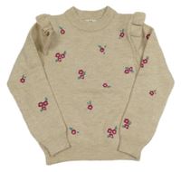 Béžový svetr s květy a volánky C&A