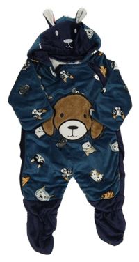 Petrolejovo-tmavomodrá plyšová kombinéza s pejsky a kapucí 