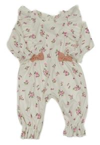 Bílo-růžový žebrovaný květovaný overal s volánky a mašlemi 