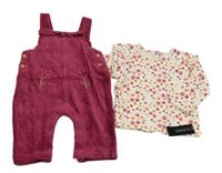 Nové - 2set - Smetanovo-růžovo-barevné květované žebrované triko + Vínové žebrované sametové laclové kalhoty s květy Dunnes Stores