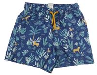Tmavomodro-zelené plážové kraťasy se stromy a zvířátky Pusblu