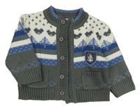 Bílo-modro-šedý propínací svetr se vzorem a medvědy