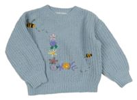 Světlemodrý žinylkový svetr s kytičkami a včelkami H&M