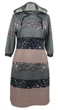 Dámské světlerůžovo-šedé pruhované šaty se vzorem a kapucí 