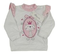 Nové - Bílá sametová mikina s kočkou a volánky 