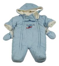 Světlemodrá šusťáková zimní kombinéza s obrázkem a kapucí + rukavice 