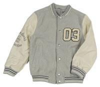 Šedo-smetanová flaušovo/koženková baseballová podšitá bunda H&M
