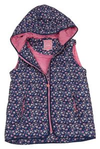 Tmavomodrá šusťáková prošívaná zateplená vesta s kytičkami a kapucí Cool Club
