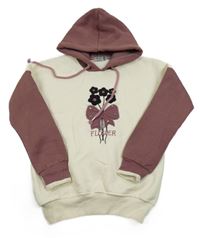 Smetanovo-růžová mikina s kytičkami a kapucí 