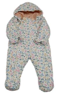 Bílá šusťáková zimní kombinéza s kytičkami a kapucí M&S