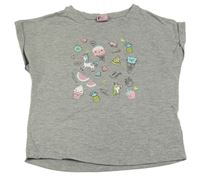 Šedé melírované crop třpytivé tričko s obrázky Kiki&Koko