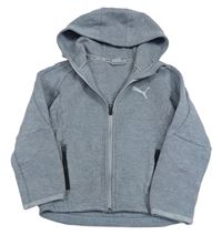 Šedá melírovaná tech fleece propínací mikina s logem a kapucí PUMA