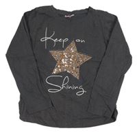 Tmavošedé melírované třpytivé triko s hvězdou s flitry a nápisy YIGGA