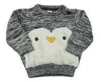 Černo-bílý melírovaný svetr s tučňáčkem C&A