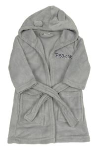 Šedý plyšový župan s nápisem a kapucí s oušky