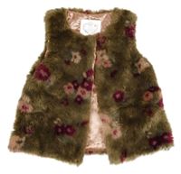 Hnědá kožešinová podšitá vesta s květy F&F
